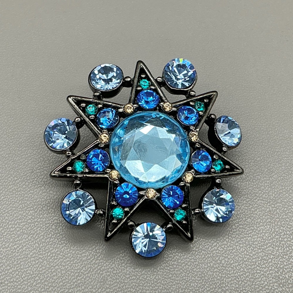 Liz Claiborne Brooch Womens Blue Starburst Rhinestone Gunmetal Fashion Jewelry